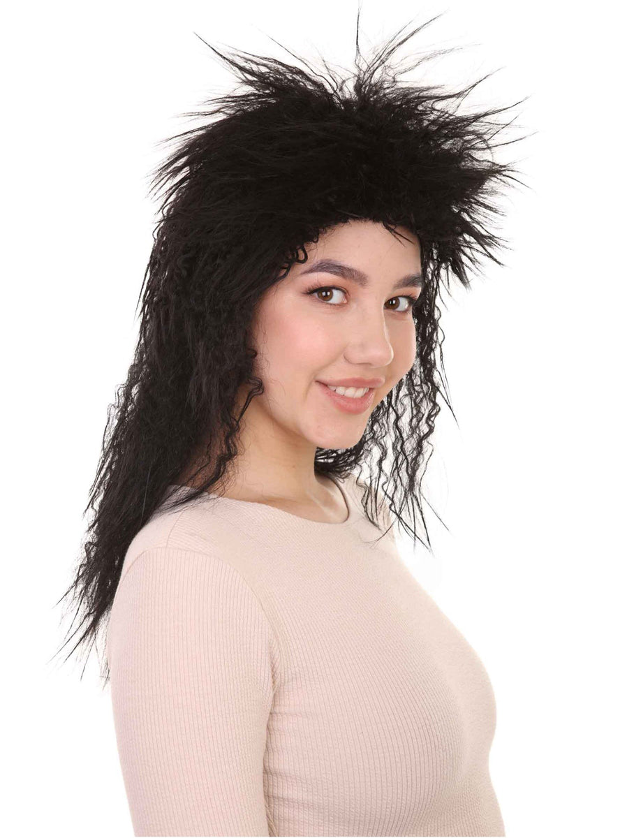 80s Rock Diva Womens Crimped Black Costume Wig - Side Image 4