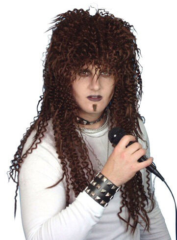Mens Long Brown 80s Rock God Costume Wig