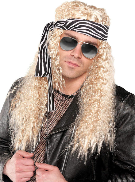 80s Blonde Rock Star Mens Crimped Costume Wig and Bandanna - Main Image