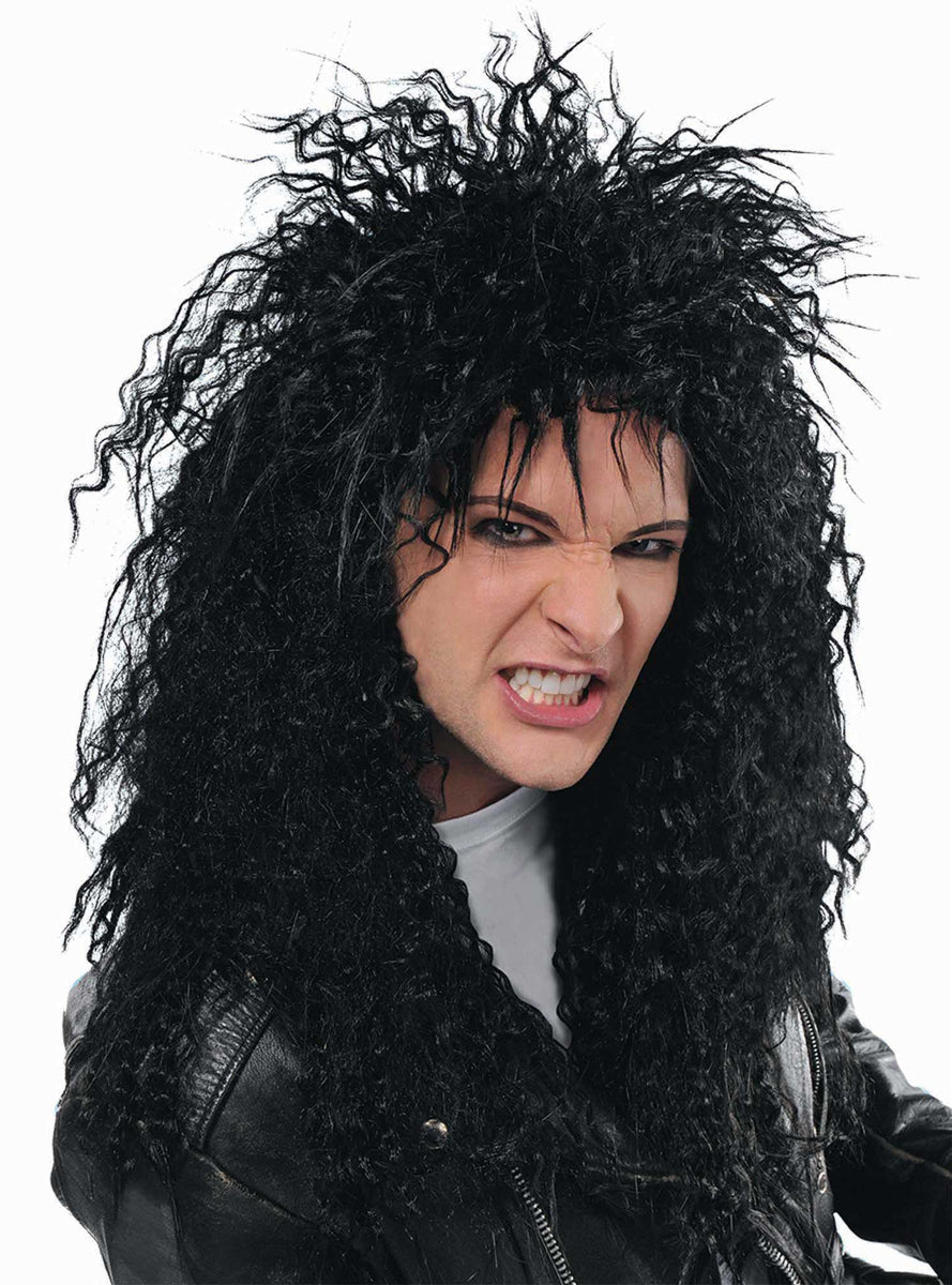 1980s Mens Black Shaggy Rock Star Wig - Main Image