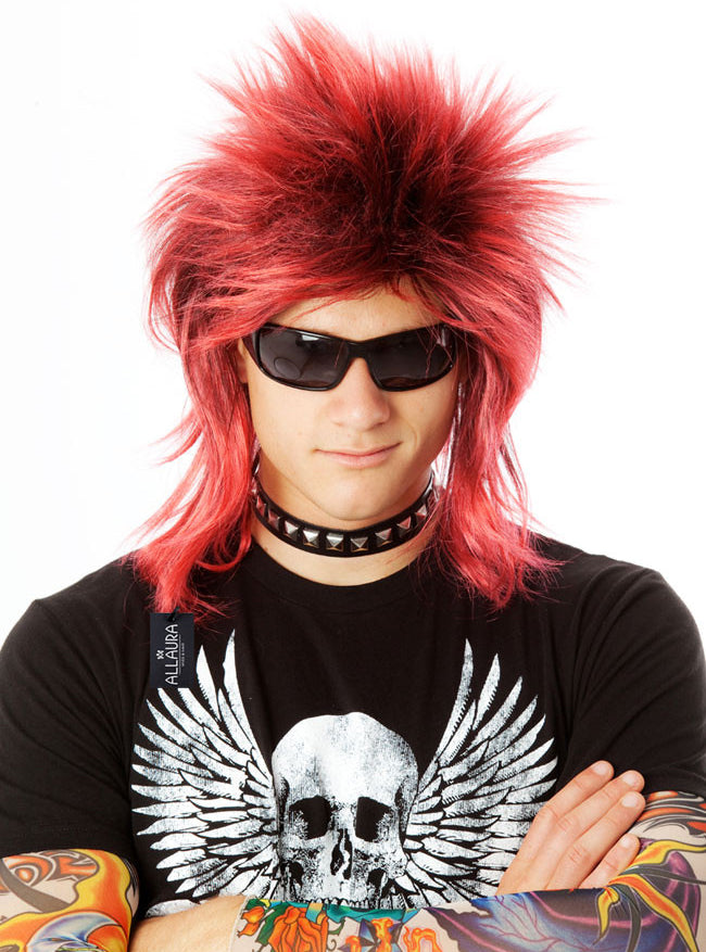 80s Spiky Punk Mens Black and Red Costume Wig - Main Image