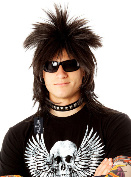 80s Spiky Punk Mens Black Mullet Costume Wig - Main Image