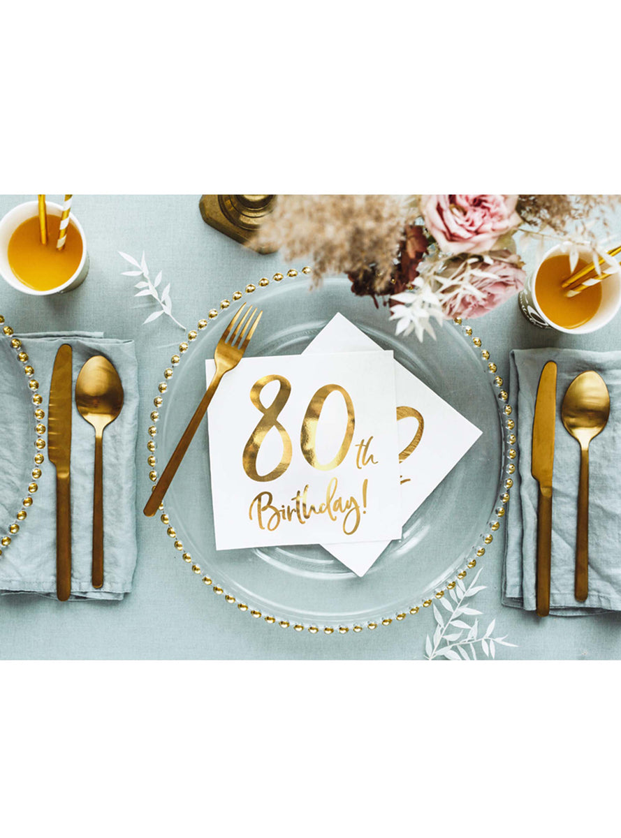 80th Birthday 20 Pack Gold Foil Lunch Napkins — Lifestyle Image