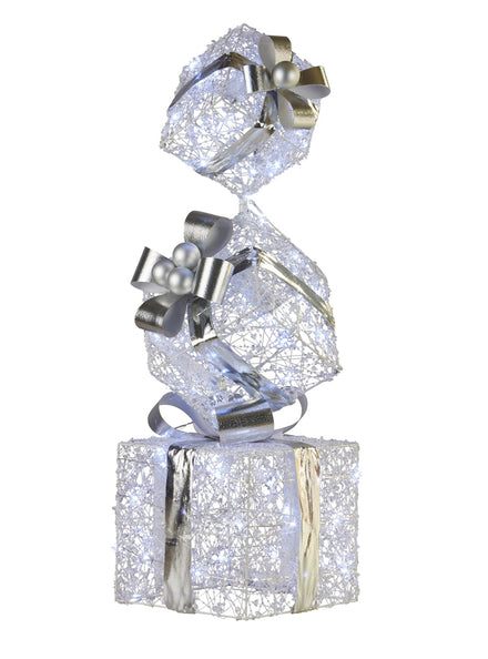 Triple Christmas Present Stack In Silver With Lights 83cm - Main Image