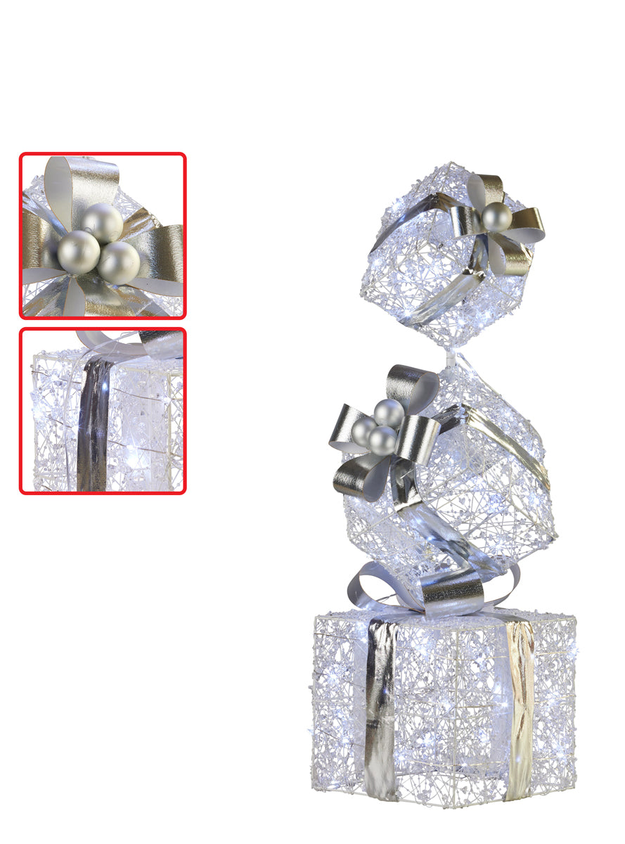Triple Christmas Present Stack In Silver With Lights 83cm - Close Image