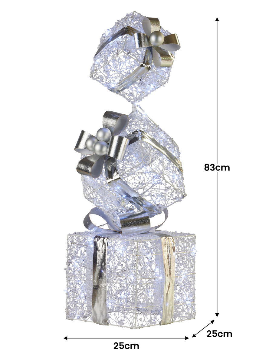 Triple Christmas Present Stack In Silver With Lights 83cm - Dimensions Image