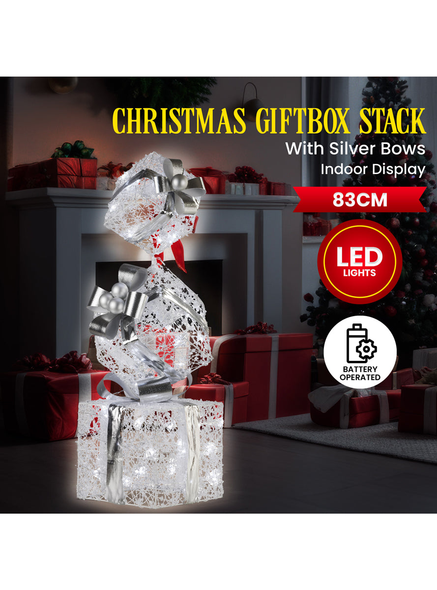 Triple Christmas Present Stack In Silver With Lights 83cm - Info Image 1