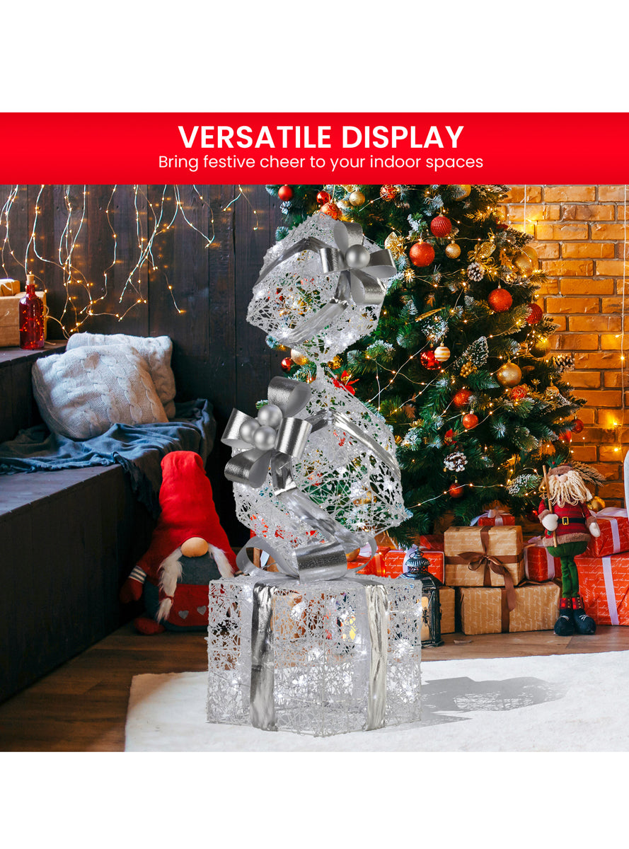 Triple Christmas Present Stack In Silver With Lights 83cm - Info Image 2