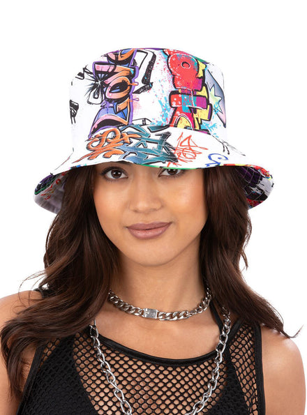 Adults 1990s Graffiti print bucket hat costume accessory - Main image