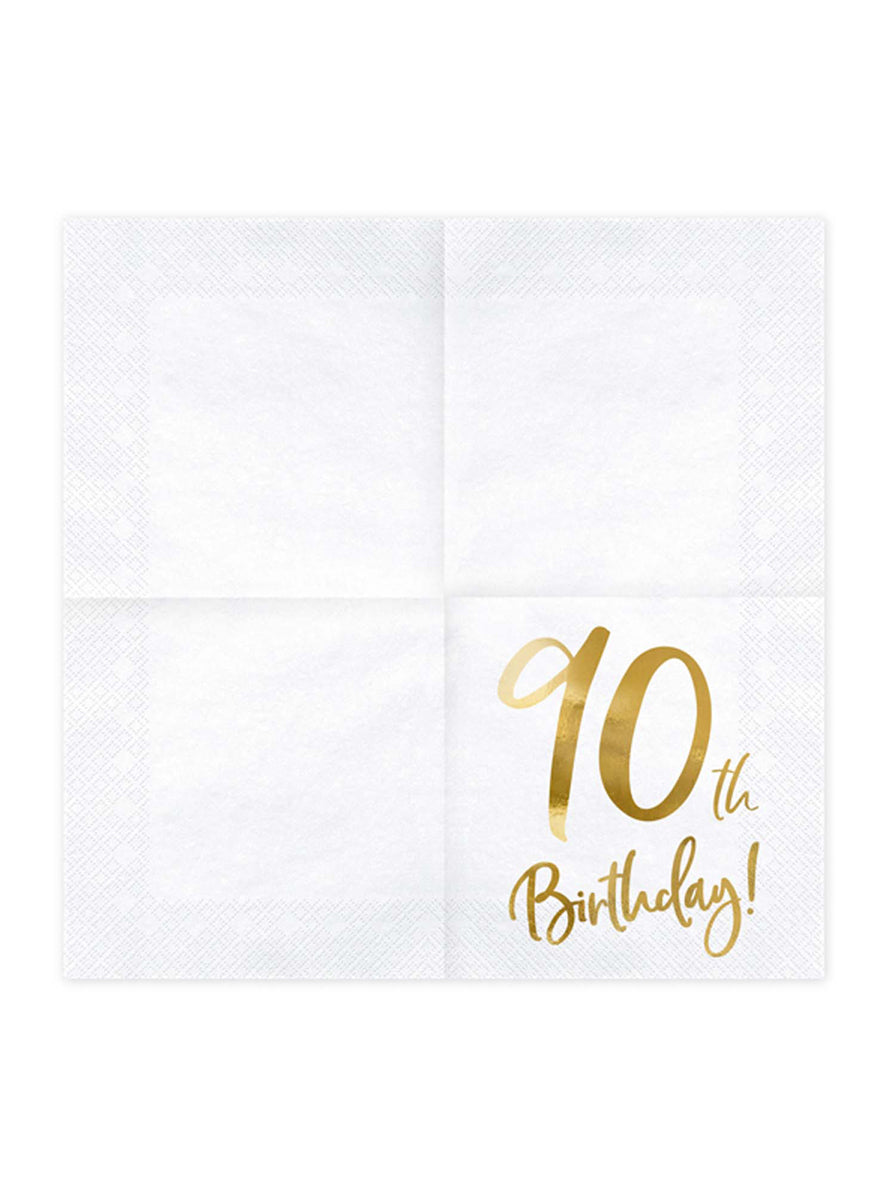 90th Birthday 20 Pack Gold Foil Lunch Napkins — Unfolded Image