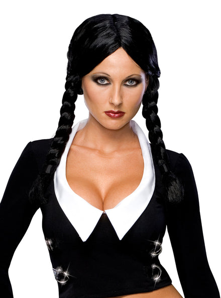 Wednesday Addams Womens Black Plaited Costume Wig - Main Image