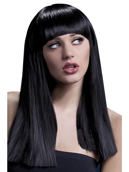Womens Long Black Fashion Wig With Fringe - Main Image