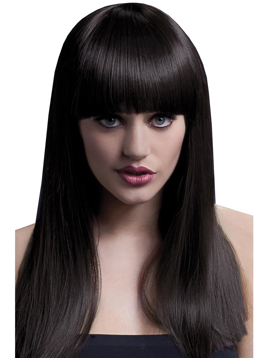 Womens Dark Brown Long Fashion Wig With Fringe - Main Image