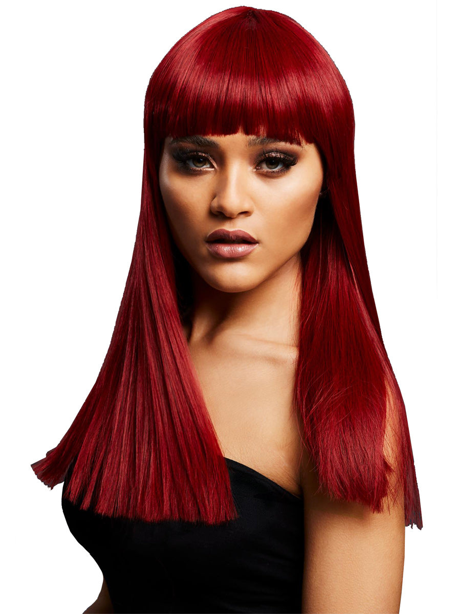Womens Ruby Red Brown Long Fashion Wig With Fringe - Main Image