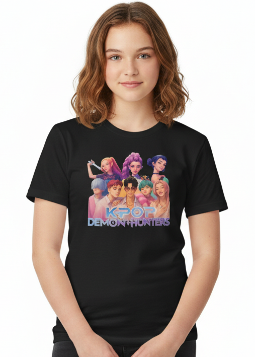 Teens Black K-Pop T-Shirt with All Huntrix Print - Main Image