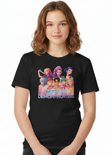 Teens Black K-Pop T-Shirt with All Huntrix Print - Main Image