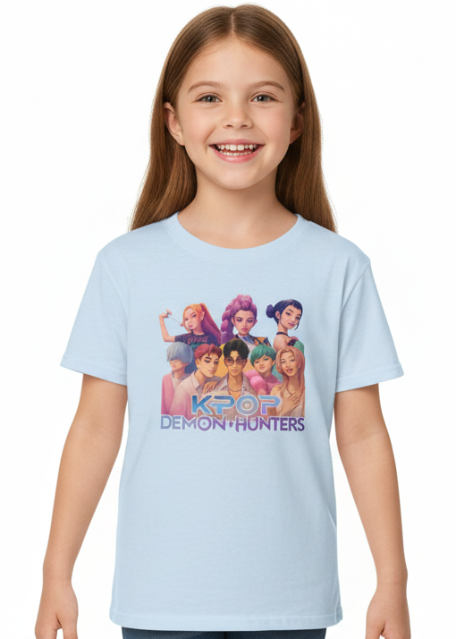 Girls Light Blue K-Pop T-Shirt with All Huntrix Print - Main Image