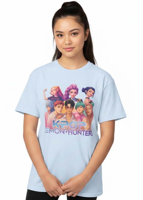 Teens Light Blue K-Pop T-Shirt with All Huntrix Print - Main Image