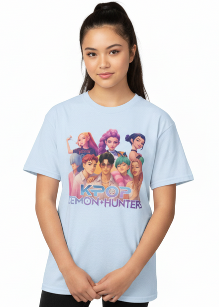 Teens Light Blue K-Pop T-Shirt with All Huntrix Print - Main Image