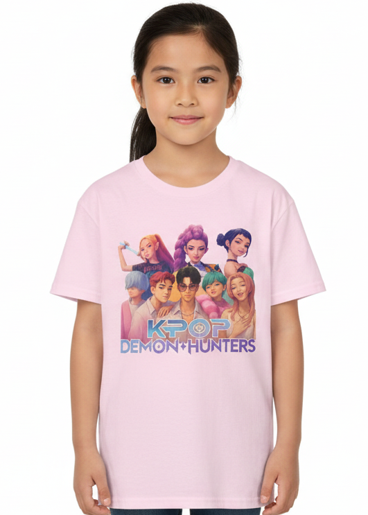 Girls Light Pink K-Pop T-Shirt with All Huntrix Print - Main Image