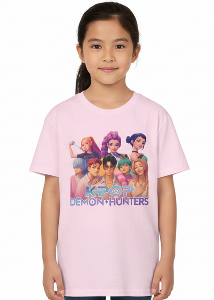 Girls Light Pink K-Pop T-Shirt with All Huntrix Print - Main Image