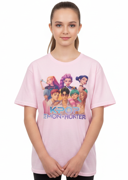 Teens Light Pink K-Pop T-Shirt with All Huntrix Print - Main Image