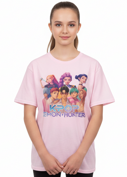 Teens Light Pink K-Pop T-Shirt with All Huntrix Print - Main Image