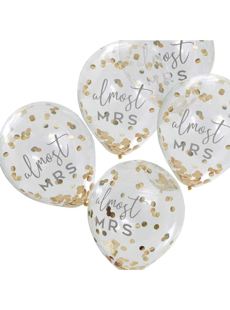 Almost Mrs 5 Pack Gold Confetti Filled 30cm Latex Balloons - Main Image