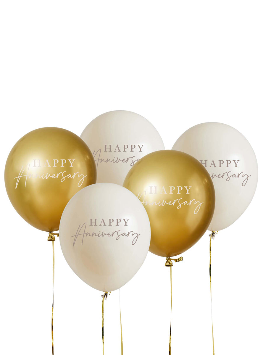 Anniversary 5 Pack Gold And White 30cm Latex Balloons — Main Image