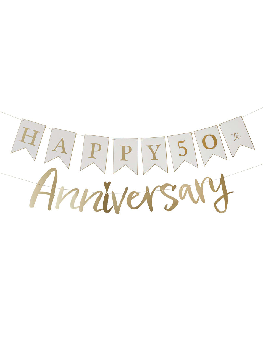Anniversary Customisable 220cm White And Gold Banner — Main Image