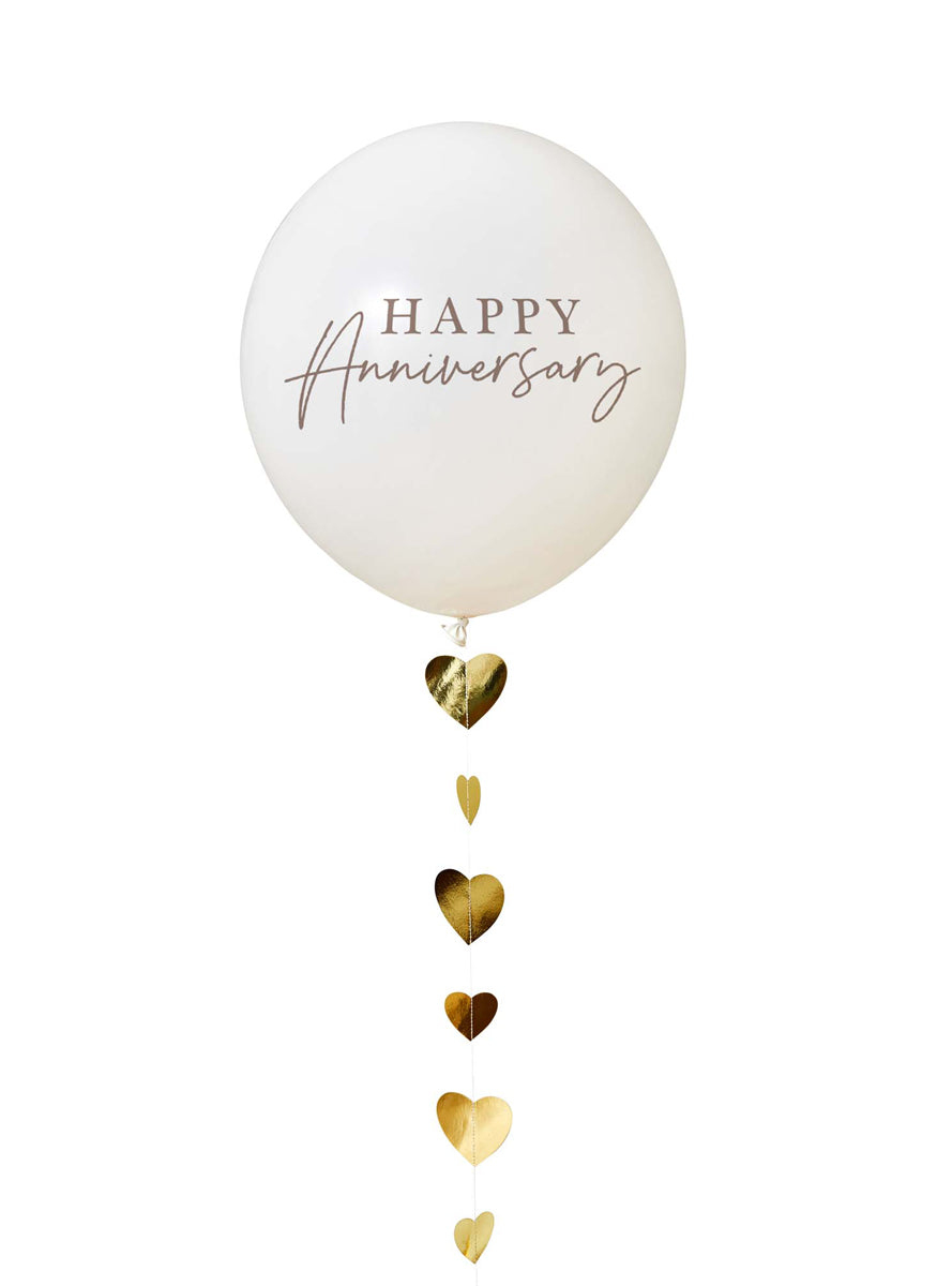 Anniversary White 45cm Latex Balloon With Gold Hearts — Main Image