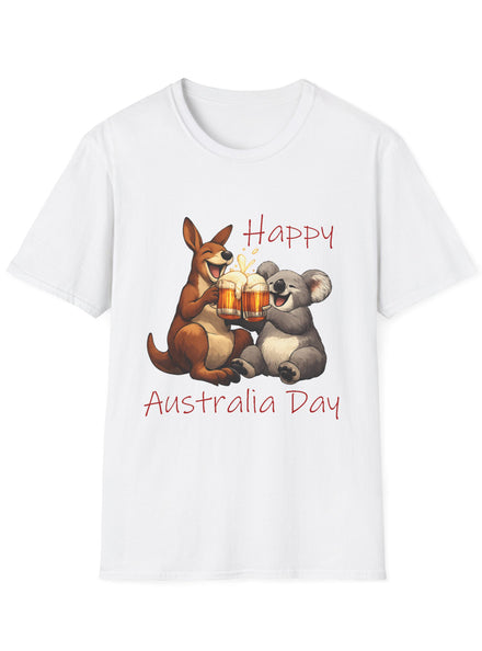 Adults White T-Shirt with Australia Day Beer Drinking Kangaroo and Koala Print