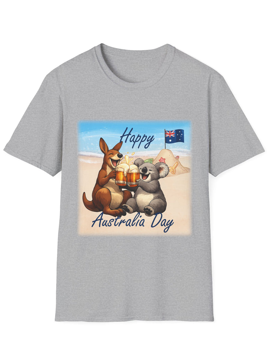 Adults Grey T-Shirt with Australia Day Drinking Beach Buddies Print