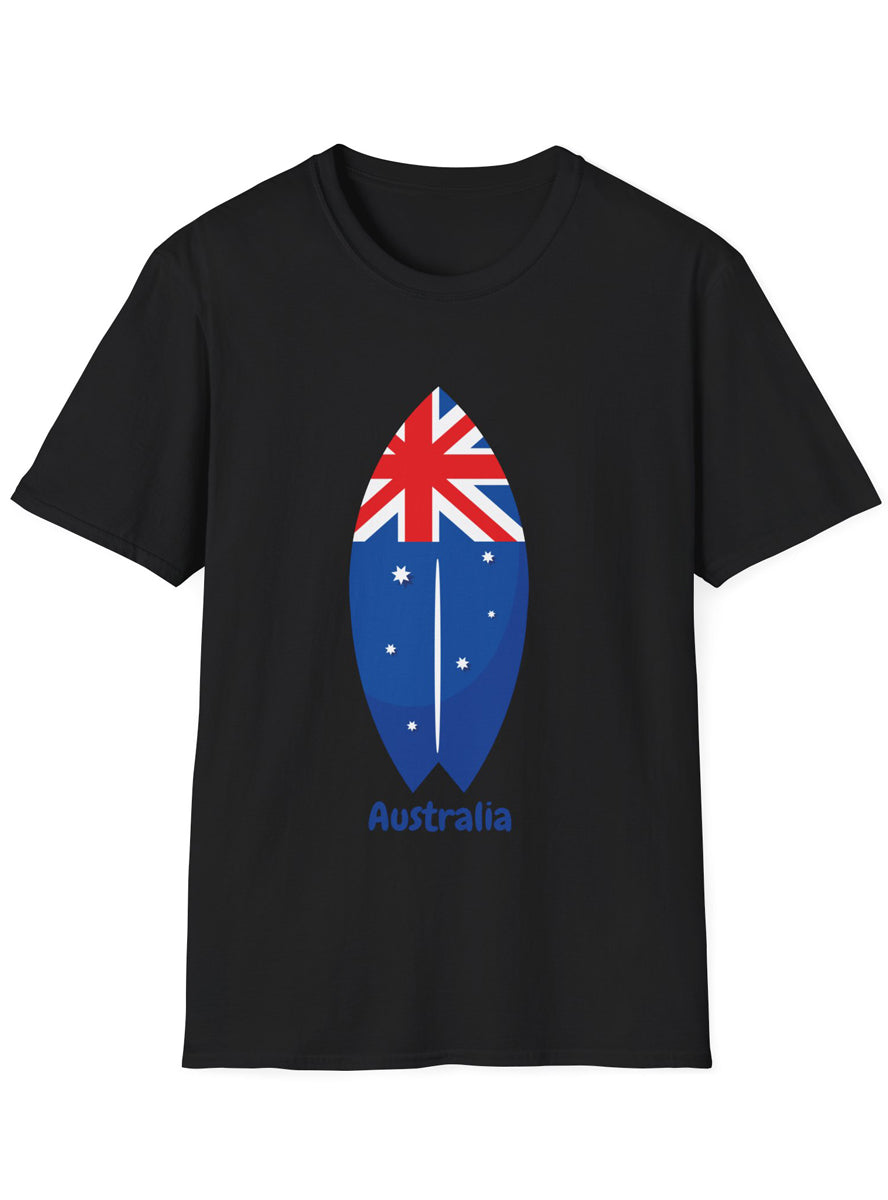 Adults Black T-Shirt with Australia Day Flag Surfboard Print