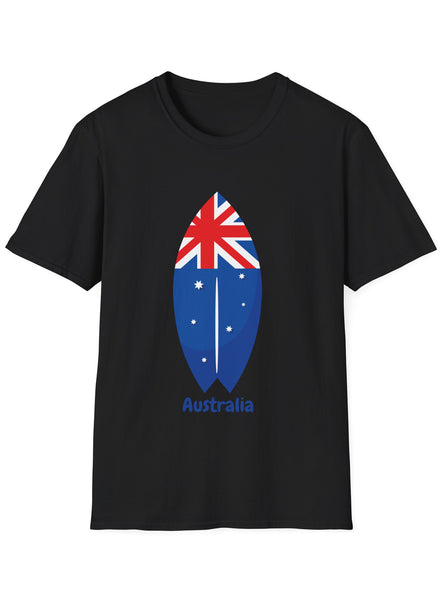 Adults Plus Size Black T-Shirt with Australia Day Flag Surfboard Print