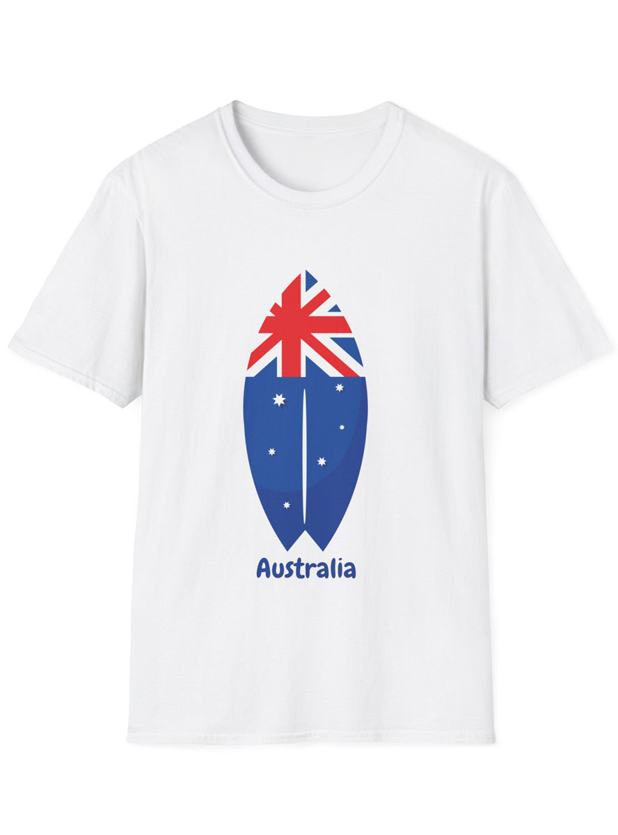 Adults White T-Shirt with Australia Day Flag Surfboard Print