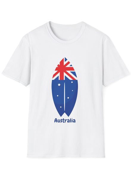 Adults White T-Shirt with Australia Day Flag Surfboard Print