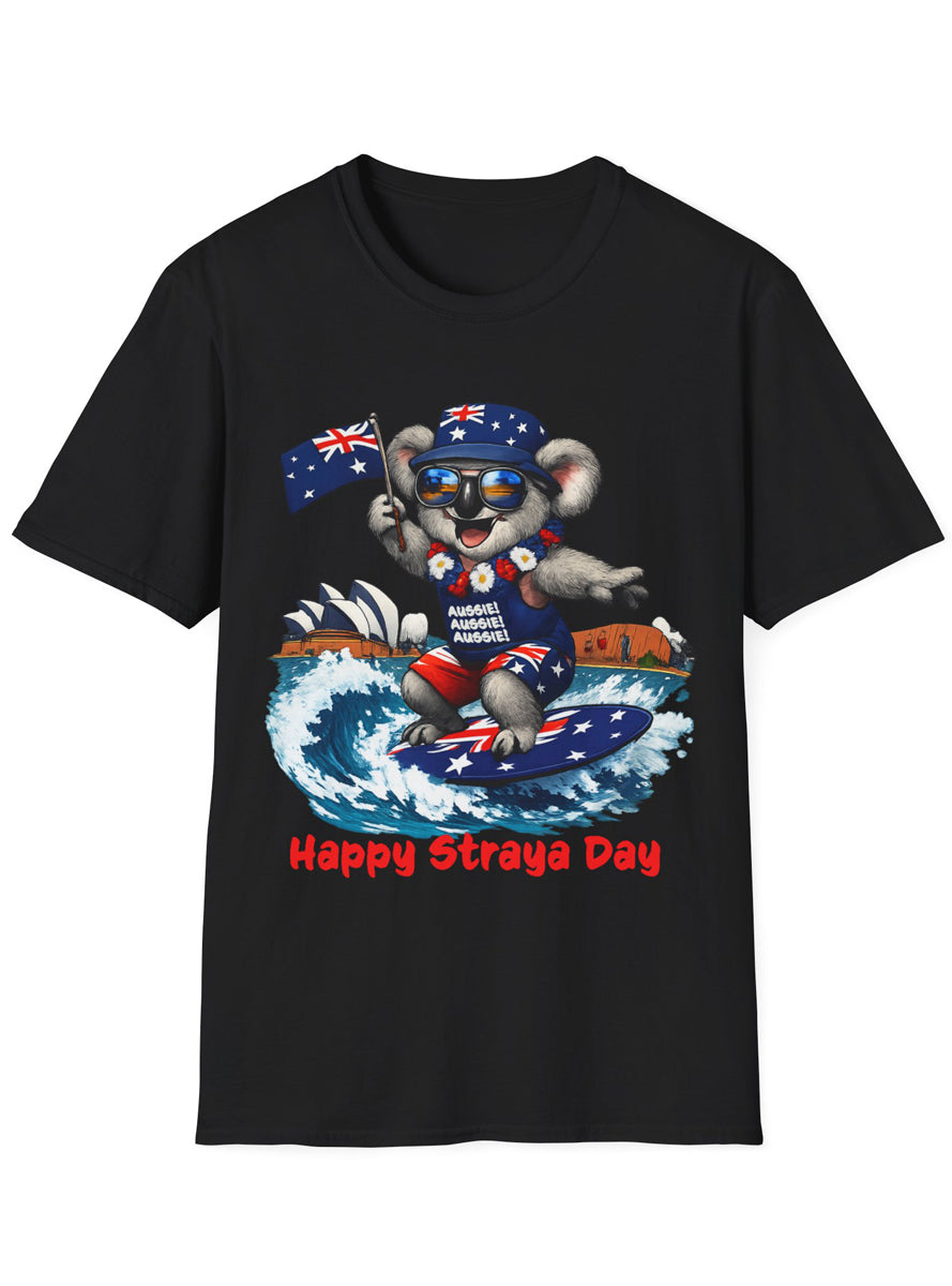 Adults Black Plus Size T-Shirt with Australia Day Surfing Koala Print