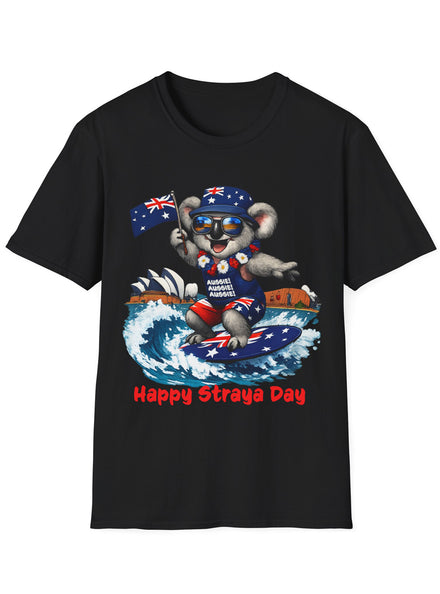 Adults Black Plus Size T-Shirt with Australia Day Surfing Koala Print