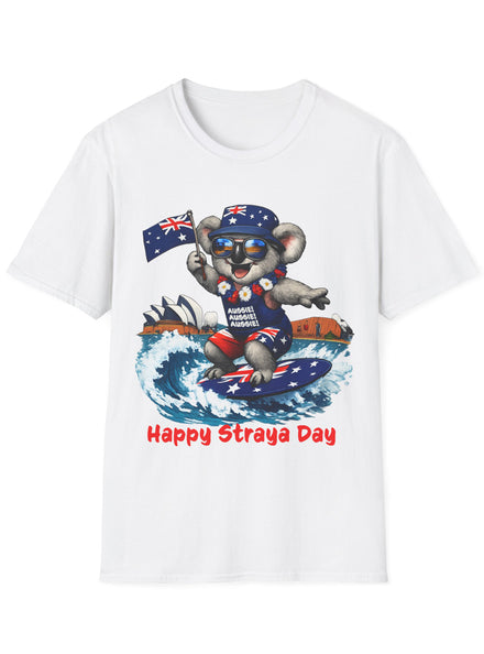 Adults White T-Shirt with Australia Day Surfing Koala Print