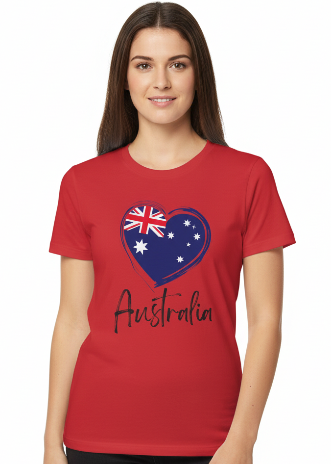 Adults Red T-Shirt with Australia Flag Heart Print Main Image