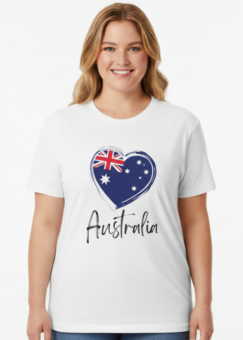 Adults White Plus Size T-Shirt with Australia Flag Heart Print Main Image
