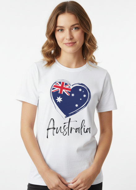 Adults White T-Shirt with Australia Flag Heart Print Main Image