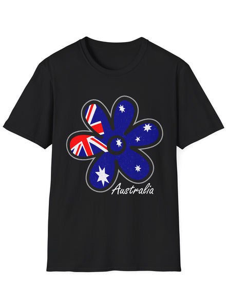 Adults Plus Size Black T-Shirt with Australian Flag Flower Print