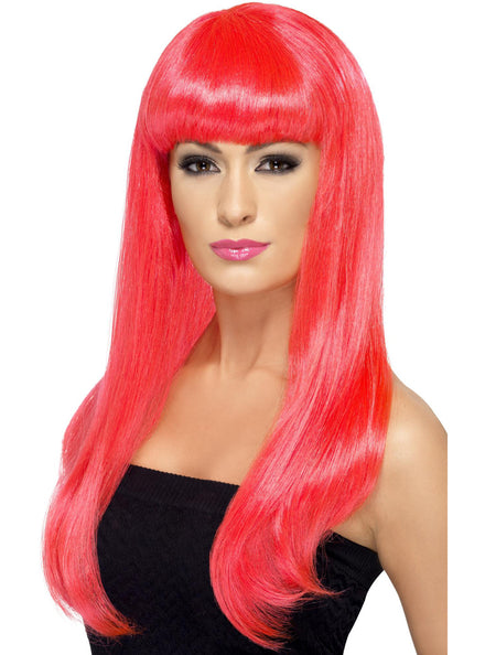 Neon Pink Womens Long Costume Wig With Fringe - Main Image