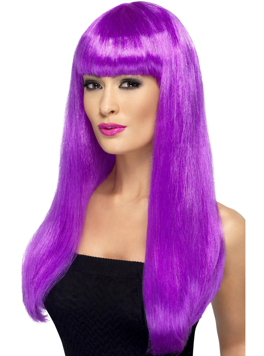 Neon Purple Womens Long Costume Wig With Fringe - Main Image