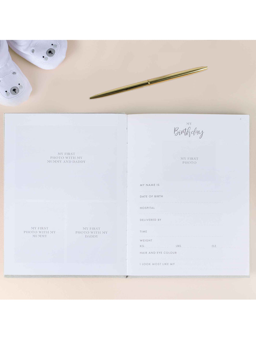 Baby in Bloom Grey Suede Our First Years Baby Journal - Lifestyle Image