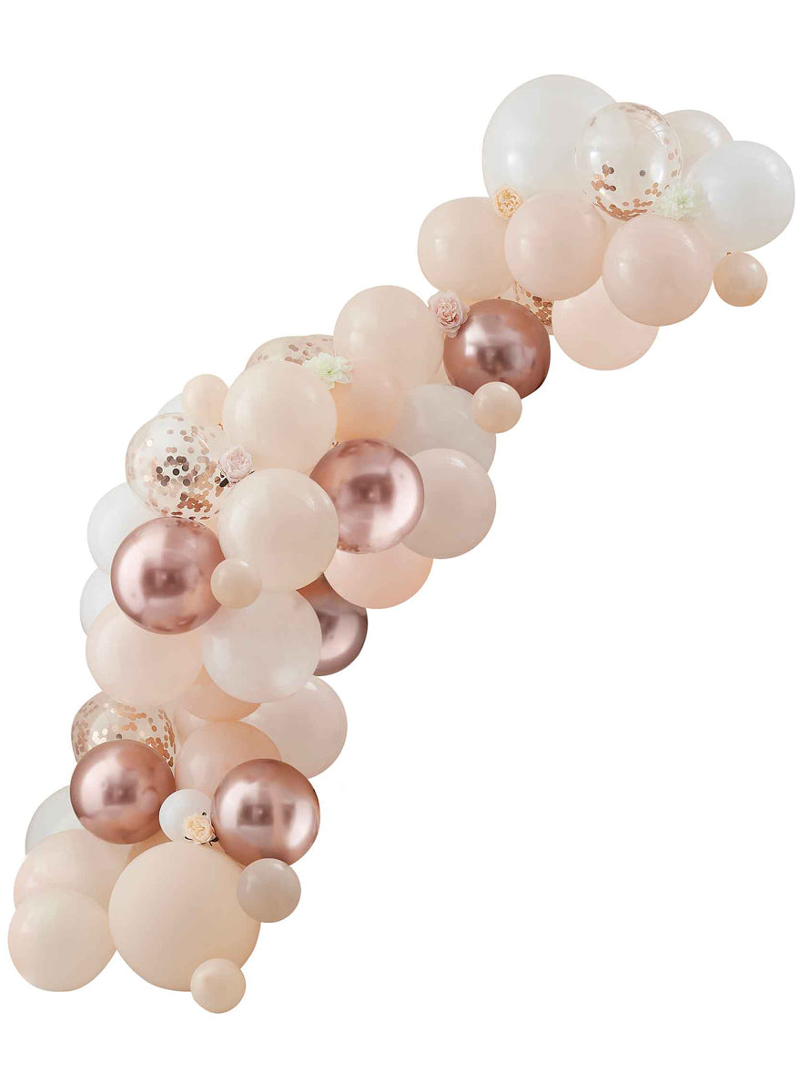 Baby In Bloom Peach And Rose Gold Balloon Arch With Confetti Balloons - Main Image