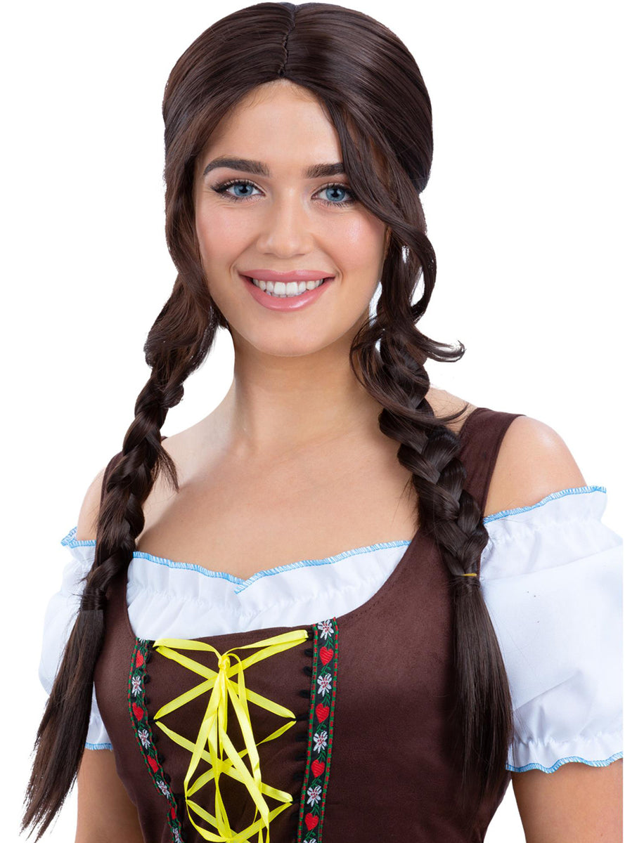 Womens Beer Maid Brown Plaits Costume Wig