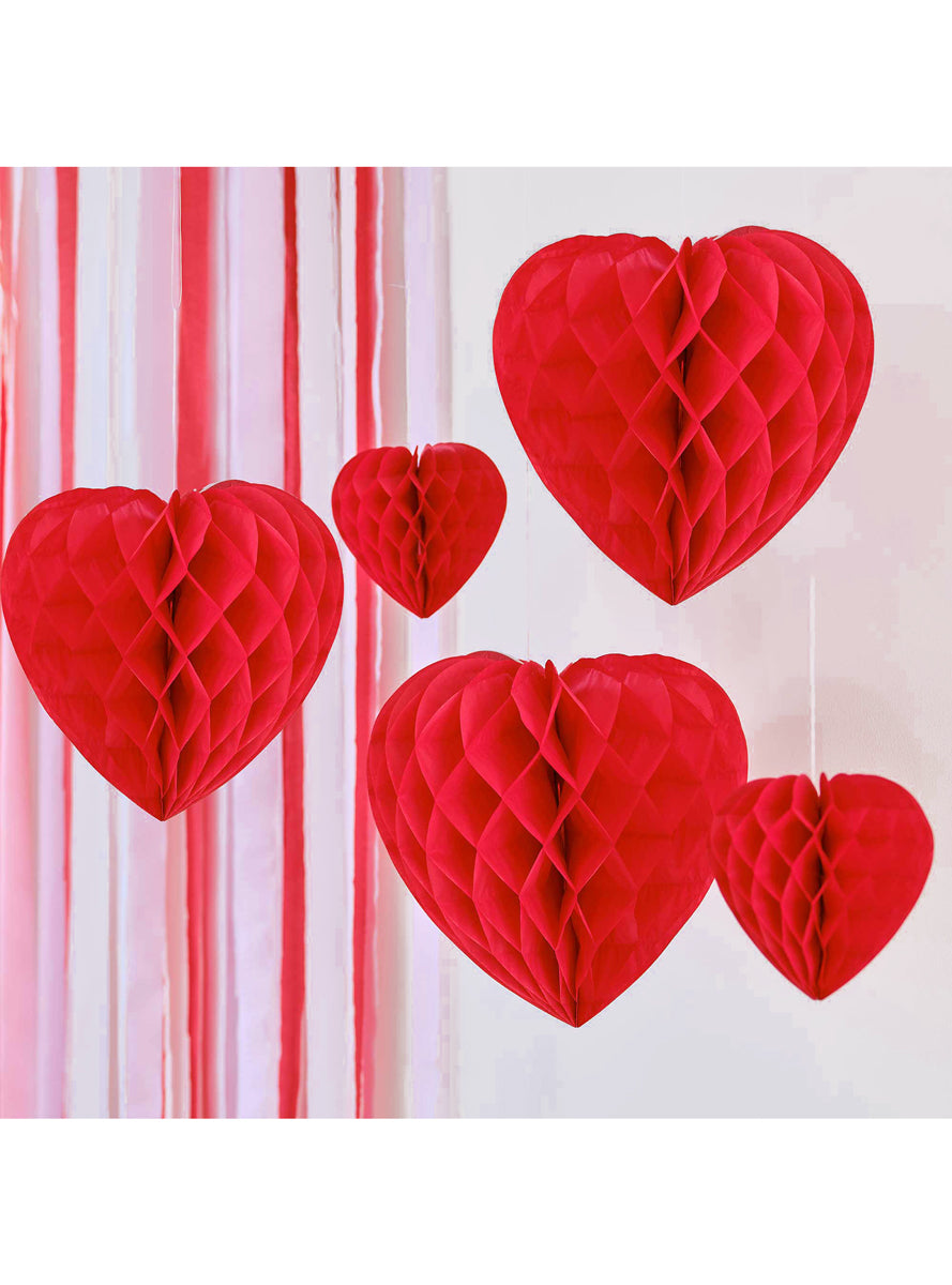 Be Mine 5 Pack Hanging Red Hearts Honeycomb Decorations - Main Image